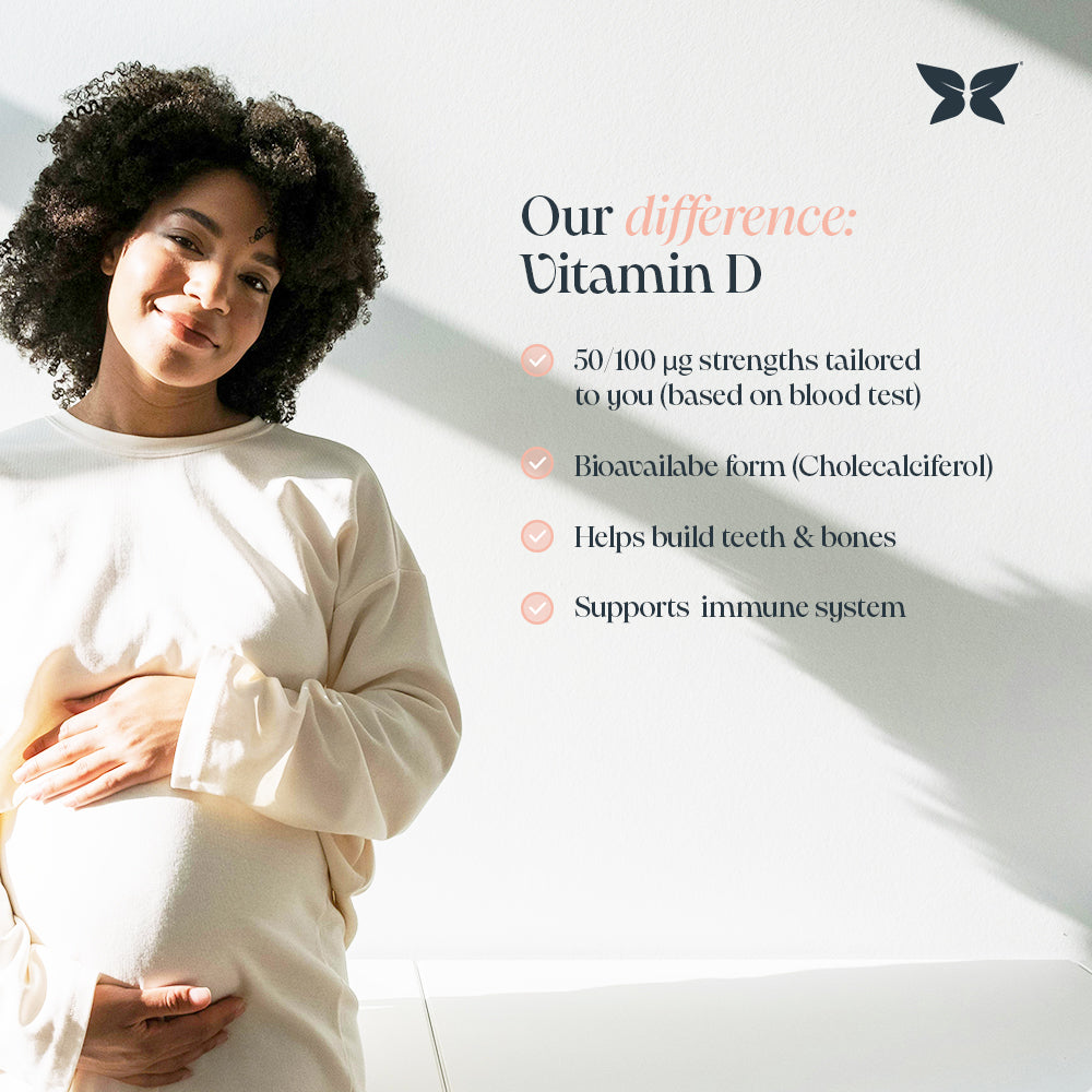 Infographic titled 'our difference Vitamin D' with an image of pregnant lady with curly hair cradling her bump. Highlights include: 50/100ug strengths, bioavailable form, helps build teeth & bones, supports immune system.