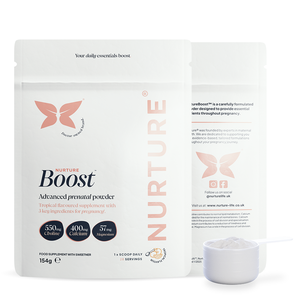 A pouch of NurtureBoost advanced prenatal powder with a measuring scoop in front, branding and information visible on the packaging.