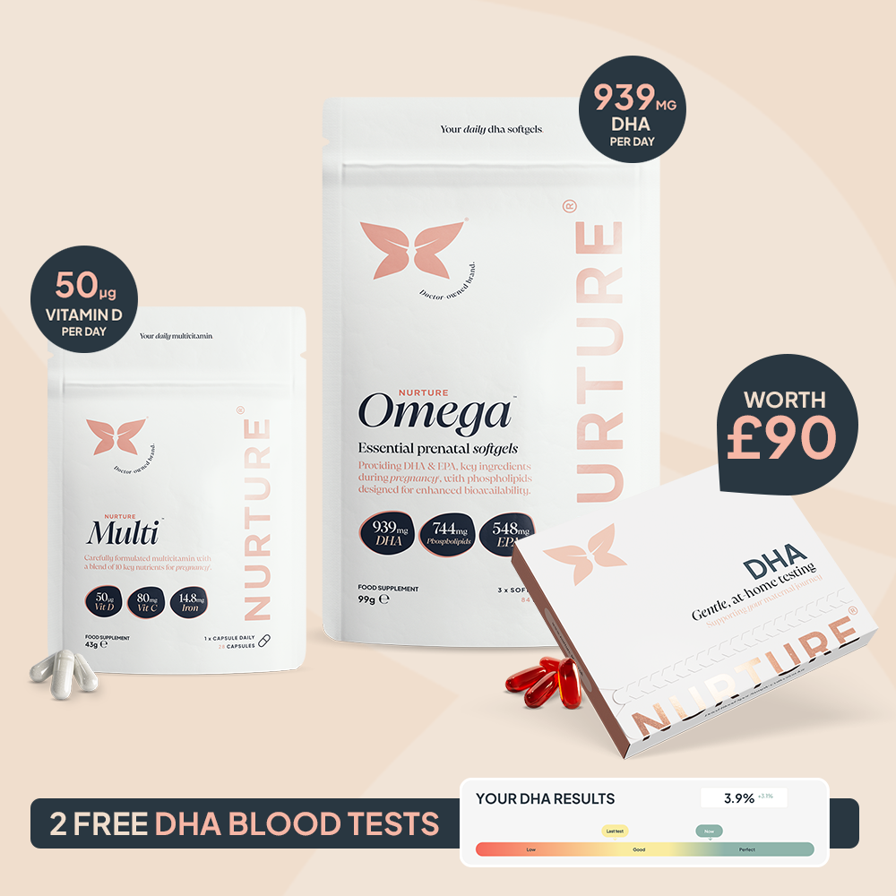 Contents of the The Nurture Bundle, including a pouch of multi vitamins, omega softgels, and the NurtureKit DHA blood test kit. With claims 50ug of Vitamin D, 939mg DHA and 2 Free DHA blood tests worth £90.