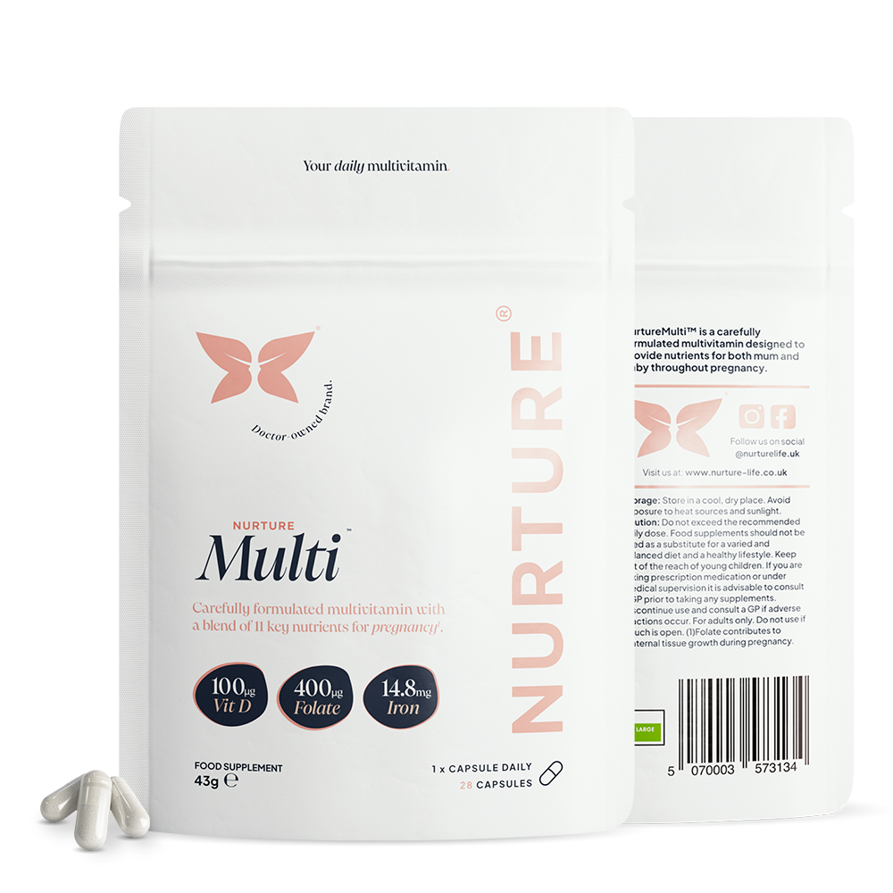 NurtureMulti packaging front and back with three white capsules