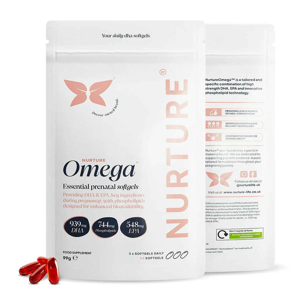 NurtureOmega packaging front and back with four red capsules
