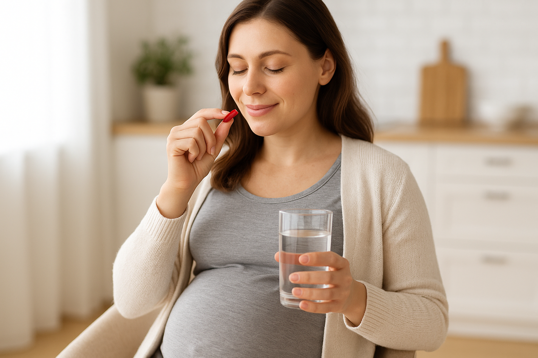 Pregnant lady sat in a chair with her eyes closed, holding a glass of water and a red capsule to her mouth. 