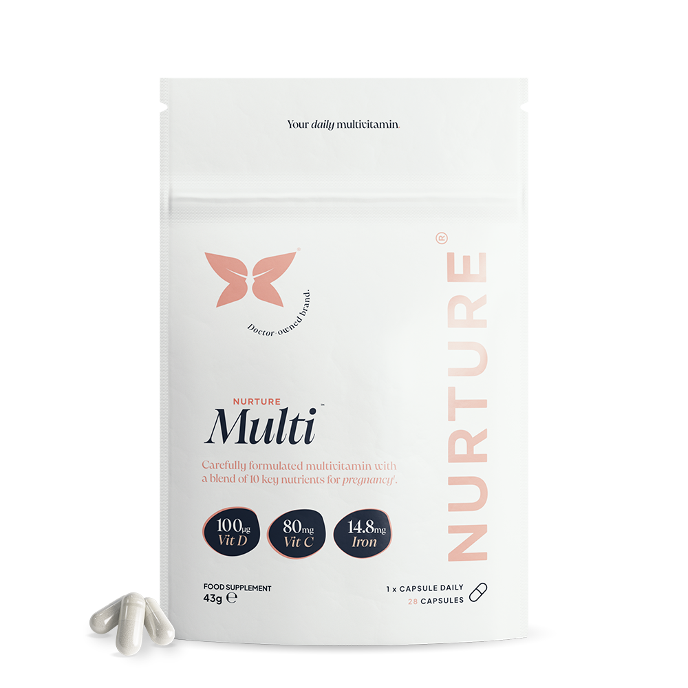 Packaging for NurtureMulti, a prenatal multivitamin, showing the front of the pack with product information and capsules visible.

