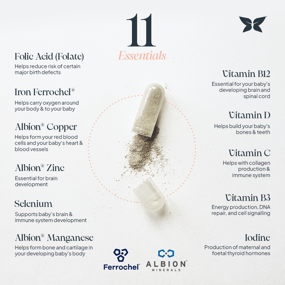 Infographic of 11 essential prenatal vitamins and minerals, including iron (Ferrochel®), Albion® zinc, copper, selenium, manganese, vitamin B12, vitamin D, vitamin C, vitamin B3, and iodine, with benefits for pregnancy health, baby development, and maternal well-being.