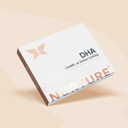 NurtureKit DHA testing kit packaging with a butterfly logo and branding.