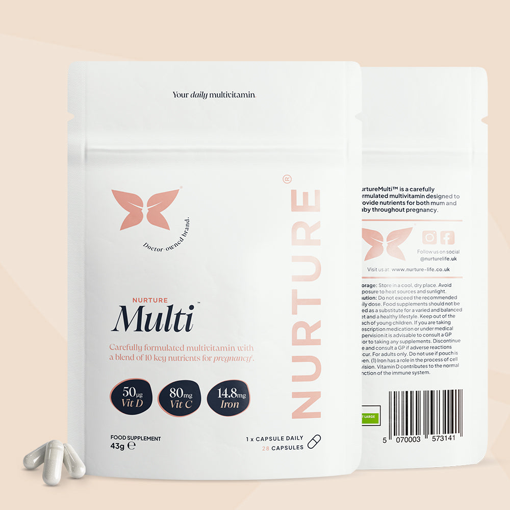 A pouch of NurtureMulti Prenatal Multivitamins with the product information and a group of capsules displayed in front.