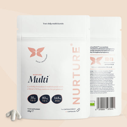 A pouch of NurtureMulti Prenatal Multivitamins with the product information and a group of capsules displayed in front.