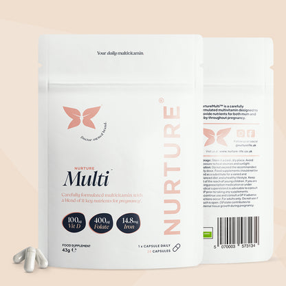A pouch of NurtureMulti Prenatal Multivitamins with the product information and a single capsule displayed in front.