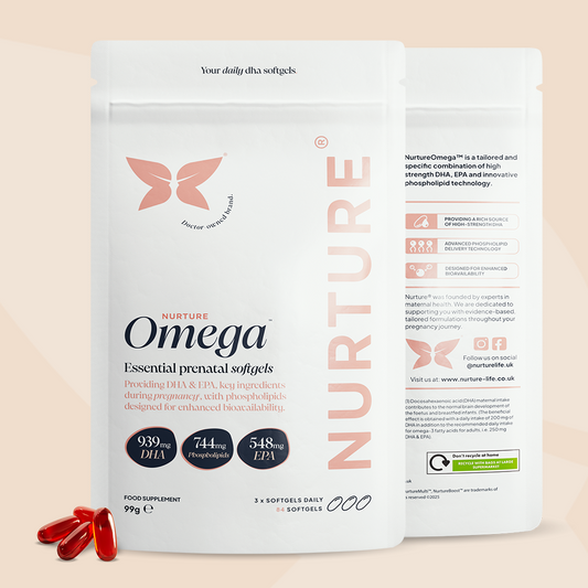 Packaging for NurtureOmega, a prenatal omega-3 supplement, showing the front and back of the pack with product information and capsules visible.