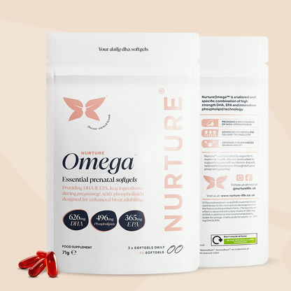 Packaging for NurtureOmega, a prenatal omega-3 supplement, showing the front and back of the pack with product information and capsules visible.
