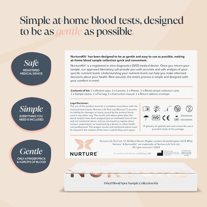 Infographic titled "Simple at home blood test", including the NurtureKit back of pack information and 3 highlighted benefits: Safe, Simple & Gentle. 