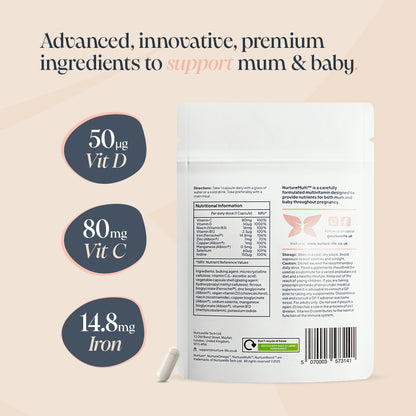 Back of pouch of NurtureMulti Prenatal Multivitamins with the product information. Benefits highlighted: 50ug, 80mg Vit C, 14.8mg Iron.