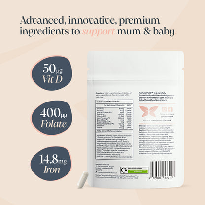 Back of pouch of NurtureMulti Prenatal Multivitamins with the product information. Benefits highlighted: 50ug, 400ug, 14.8mg Iron.