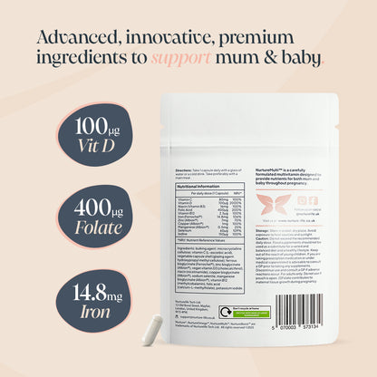 Back of pouch of NurtureMulti Prenatal Multivitamins with the product information. Benefits highlighted: 100ug, 400ug, 14.8mg Iron.