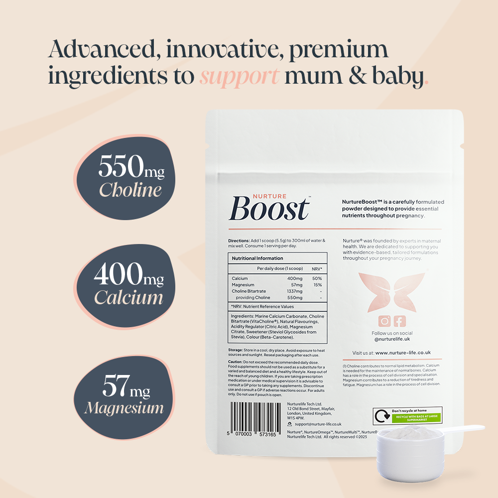 NurtureBoost back of pouch, with the key benefits: 550mg Choline, 400mg Calcium & 57mg Magnesium. 