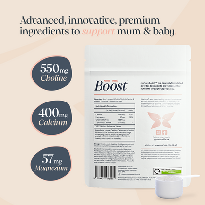 NurtureBoost back of pouch, with the key benefits: 550mg Choline, 400mg Calcium & 57mg Magnesium. 