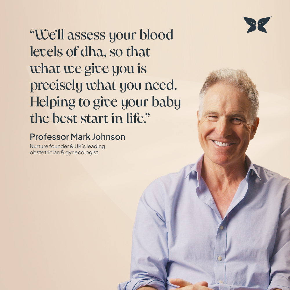 Professor MarkJohnson smiling in front of a plain, beige background with butterfly branding, including quote "We'll assess your blood levels of DHA, so that what we give you is precisely what you need."