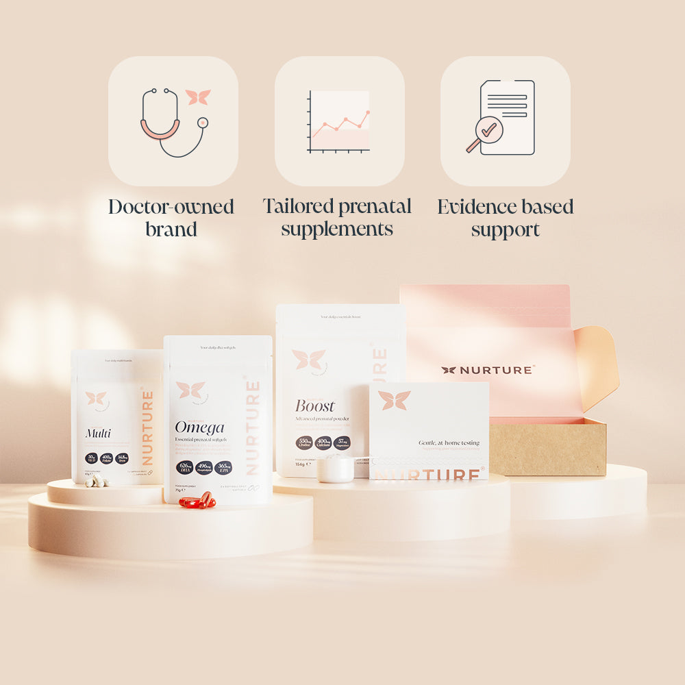 Nurture pregnancy supplements displayed on round white platforms, including NurtureMulti, NurtureOmega, and NurtureBoost, and NurtureKit an at-home blood testing kit, and an open peach-coloured Nurture branded box in a soft, warmly lit setting. Highlighting three brand benefits, doctor-owned brand, tailored prenatal supplements & evidence based support. 