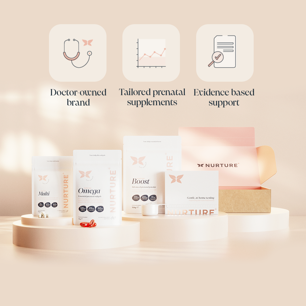 Nurture pregnancy supplements displayed on round white platforms, including NurtureMulti, NurtureOmega, and NurtureBoost, and NurtureKit an at-home blood testing kit, and an open peach-coloured Nurture branded box in a soft, warmly lit setting. Highlighting three brand benefits, doctor-owned brand, tailored prenatal supplements & evidence based support. 