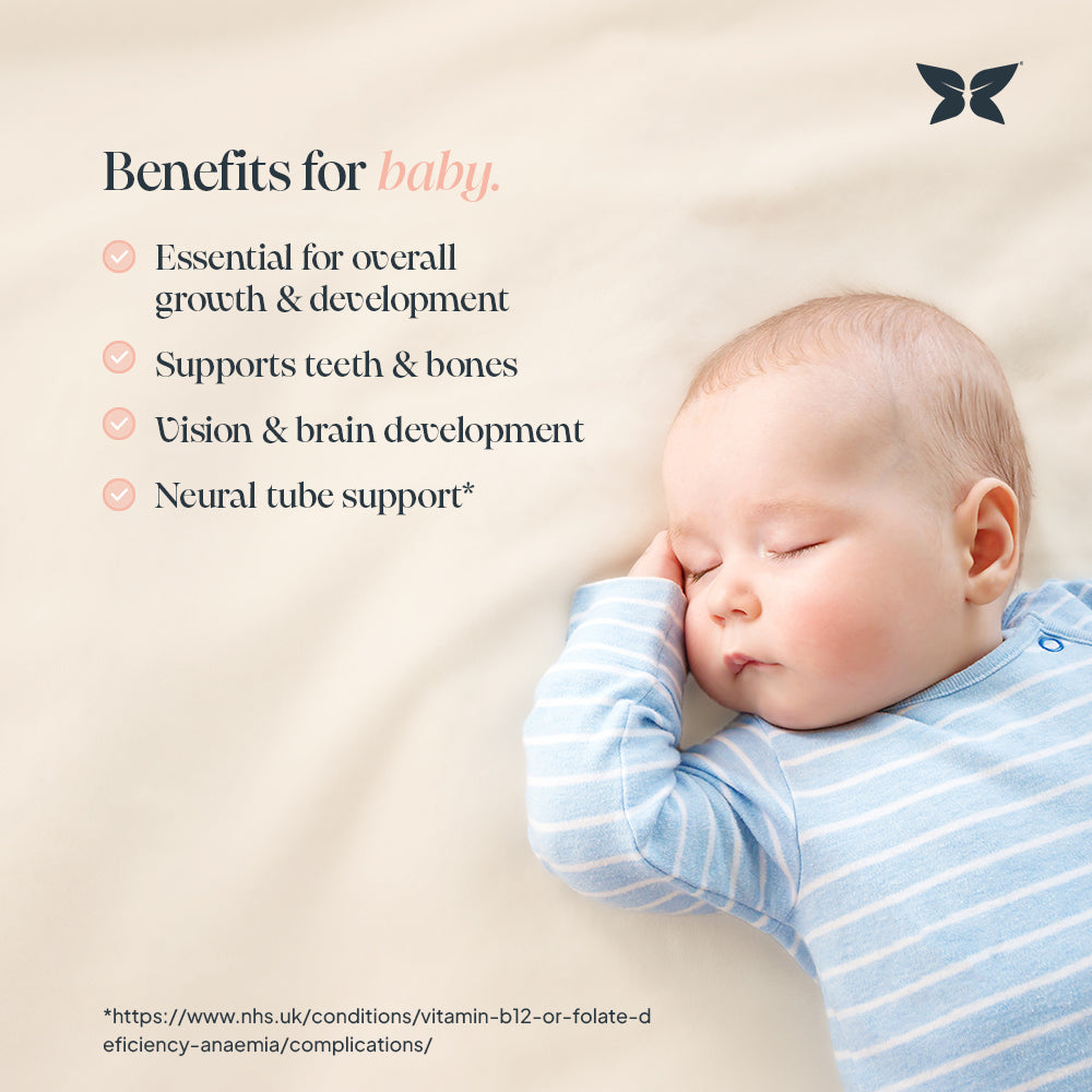 Infographic titled: Benefits for baby with an image of a sleeping baby. Benefits include essential for growth and development, supports teeth & bones, vision & brain development, neural tube support. 