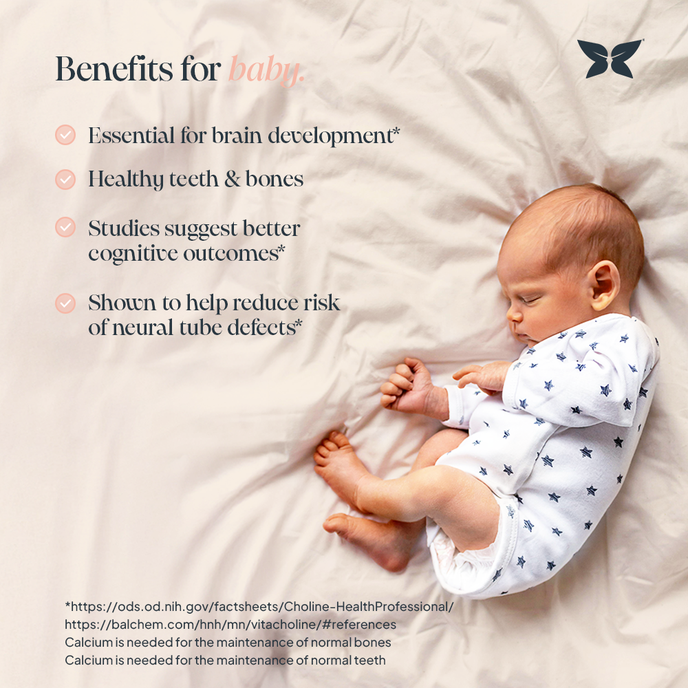 Infographic titled "benefits for baby" with the bullet points: Essential for brain development, health teeth & bones, suggested better cognitive outcomes, reduced rusk of neural tube defects. Including reference links for claims.  
