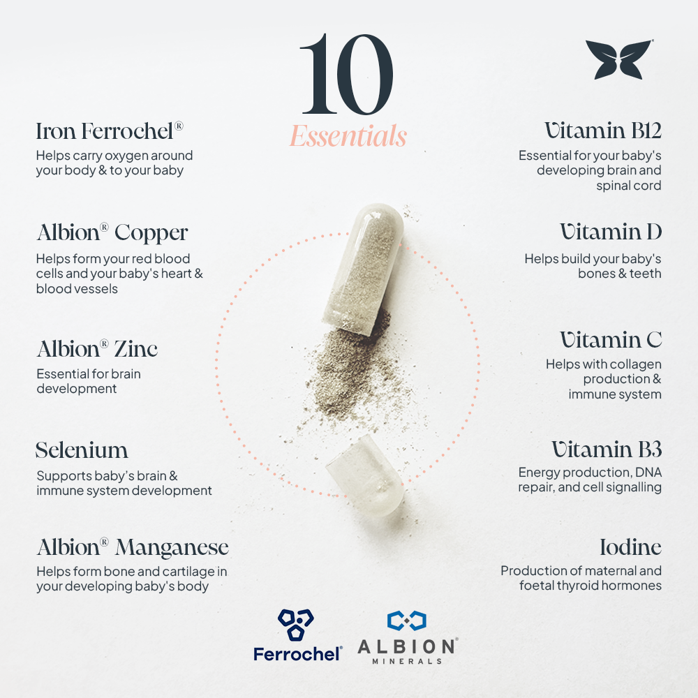 Infographic of 10 essential prenatal vitamins and minerals, including iron (Ferrochel®), Albion® zinc, copper, selenium, manganese, vitamin B12, vitamin D, vitamin C, vitamin B3, and iodine, with benefits for pregnancy health, baby development, and maternal well-being.