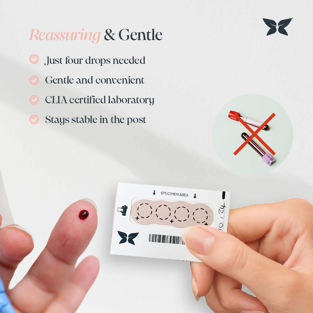 Infographic titled "Reassuring & Gentle" with an image of a finger with a small spot of blood, a hand holding the NurtureKit sample card and some test tubes crossed out. 