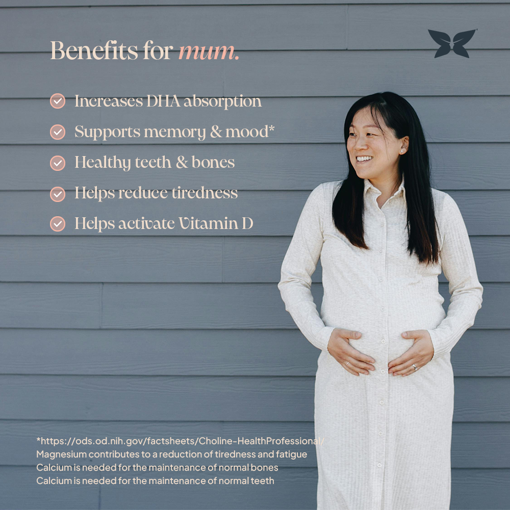 Infographic title "Benefits for mum" with pregnant lady in a white dress against a grey panelled wall. Benefits include increase DHA absorption, healthy teeth & bones, reduces tiredness, supports memory & mood. Includes reference link for claims. 