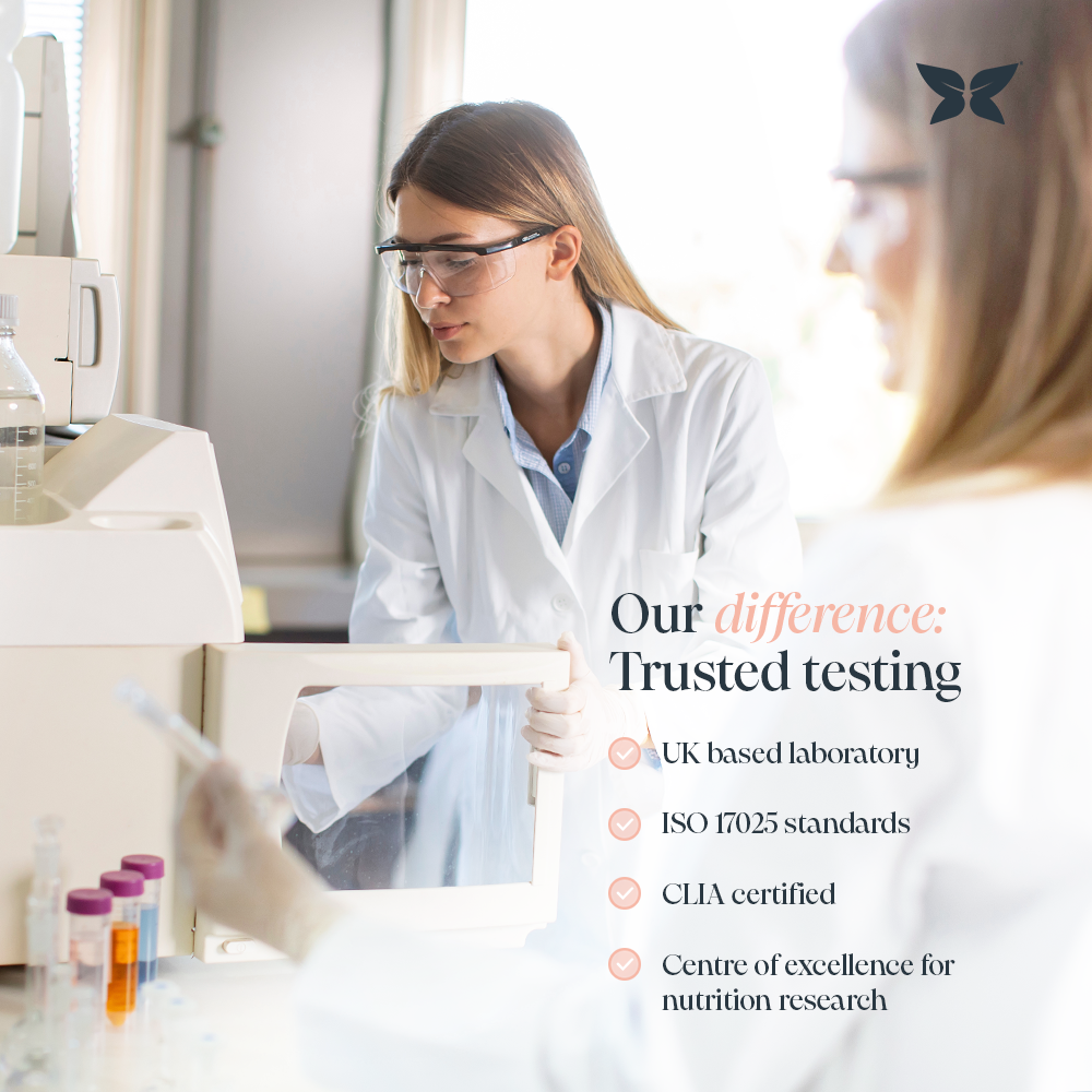 Infographic of two medical professional working in a lab explain the difference in Nurtures testing process. Benefits include, UK based laboratory, ISO 17025 standards, CLIA certified and centre of excellence for nutrition research. 