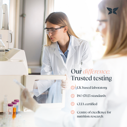 Infographic of two medical professional working in a lab explain the difference in Nurtures testing process. Benefits include, UK based laboratory, ISO 17025 standards, CLIA certified and centre of excellence for nutrition research. 