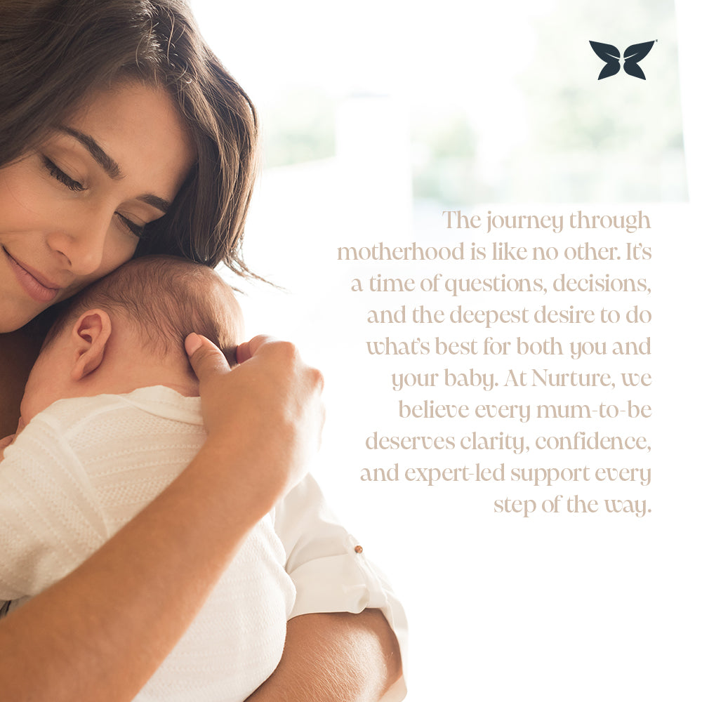Lady cradling a newborn baby against an bright white background. Including the quote "the journey through mother is like no other, It's a time of decisions and the deepest desire to do what is best for you and your baby"