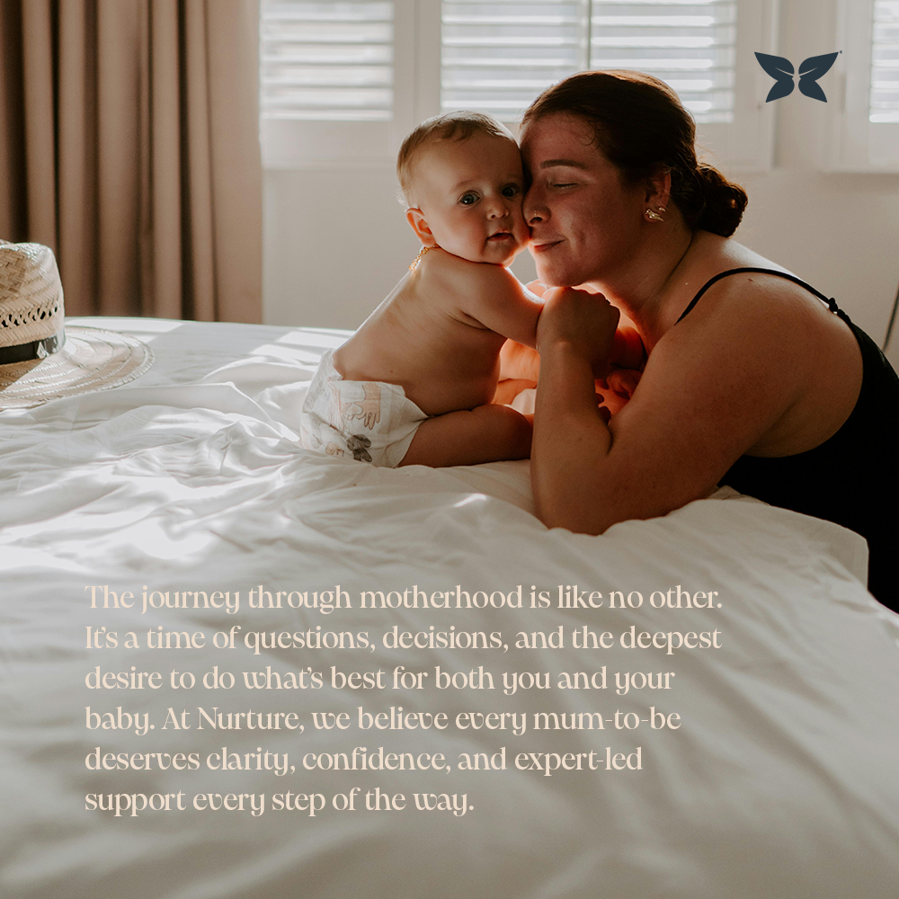 Baby sat on the bed with Mum kneeling on the floor, pushing their faces together lovingly. Including the quote "the journey through mother is like no other, It's a time of decisions and the deepest desire to do what is best for you and your baby"