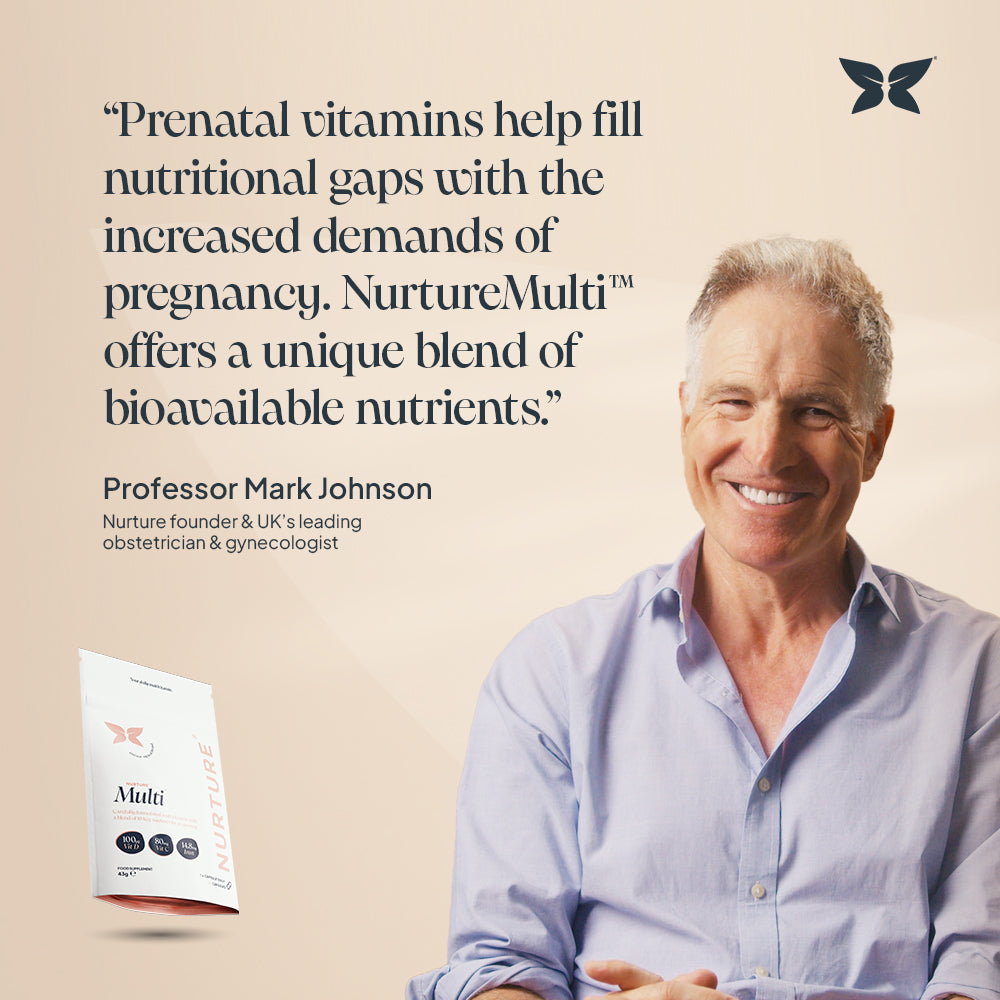 Professor Mark Johnson smiling against a warm background next to a NurtureMulti pouch, with the quote "prenatal vitamins help fill nutritional gaps with increased demands of pregnancy. NurtureMulti offers a unique blend of bioavailable nutrients."  