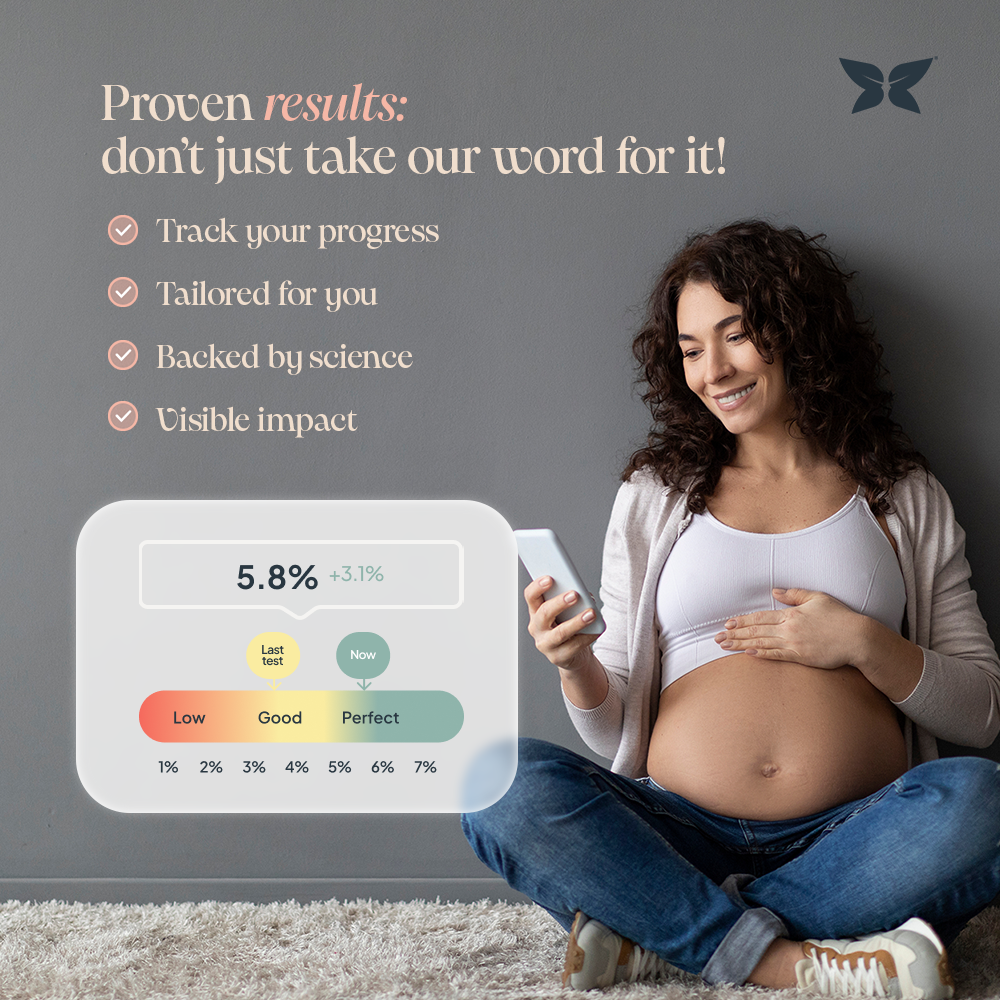 Pregnant lady sat on the floor holding a phone with vitamin D blood test results overlaid. And the text, Proven results: don't just take our word for it! Track your progress, tailored for you, backed by science and visible impact. 
