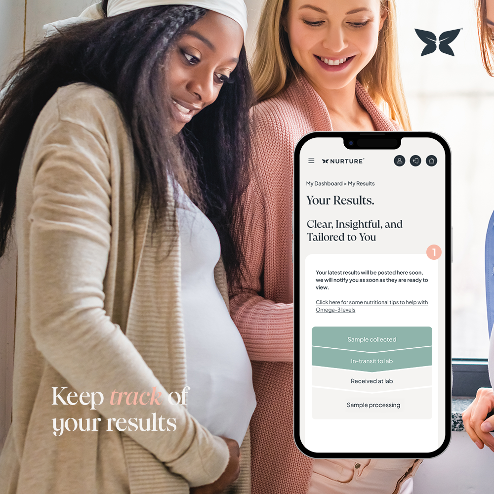 Group of pregnant mums looking at a phone. Larger phone overlaid on the image with the Nurture results webpage demonstrating how to keep track of your results. 