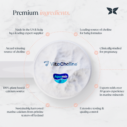 Infographic titled "premium ingredients" with a petri dish contain white power and the VitaCholine Aqua Min logo overlaid. Benefits include, leading source of choline for baby formula, studied for pregnancy, extensive test, plant based, sustainably harvested, award winning. 