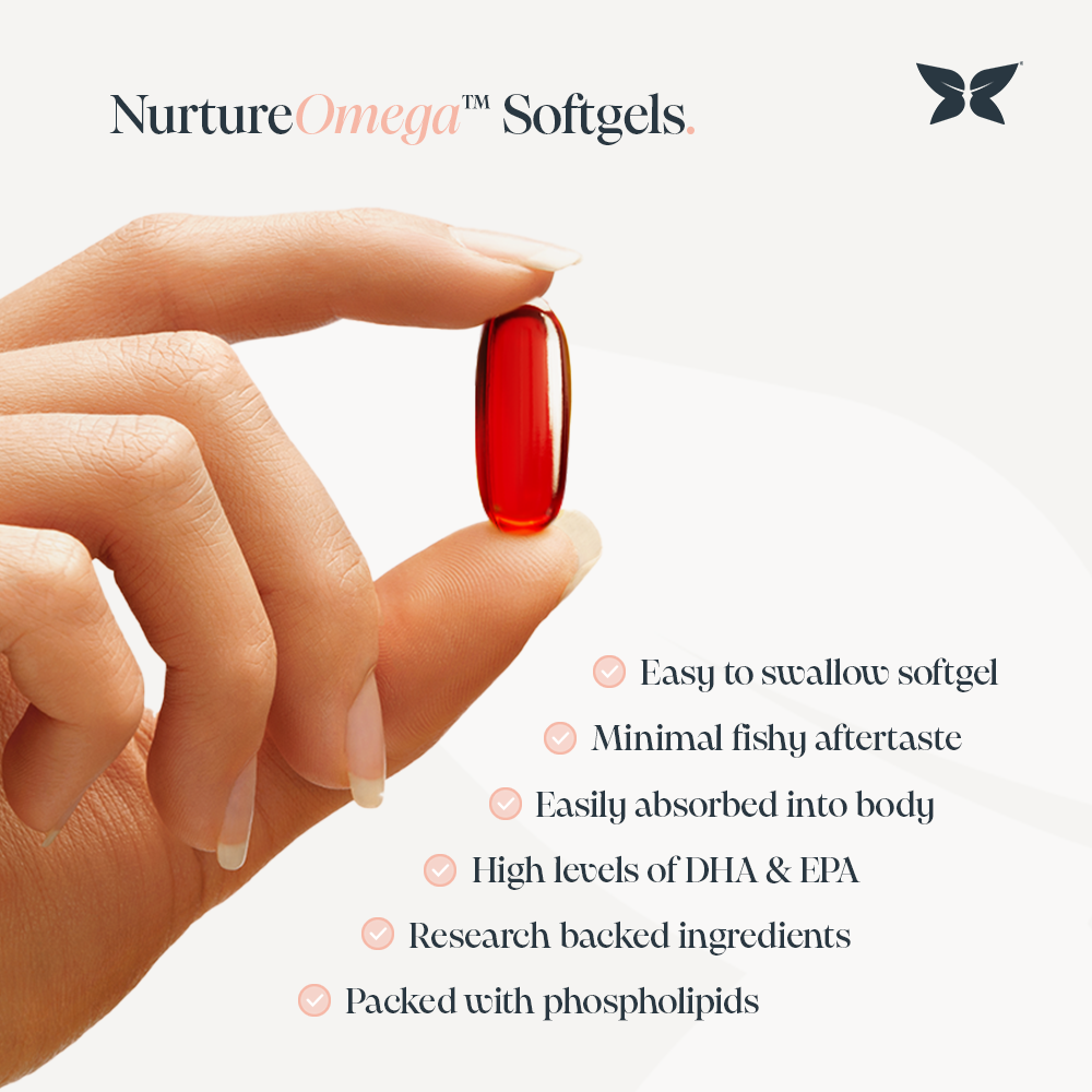 A hand holding a red capsule labeled "NurtureOmega™ Softgels" with text describing product benefits: easy to swallow, minimal fishy aftertaste, easily absorbed into body, high levels of DHA & EPA, research backed ingredients, packed with phospholipids. A butterfly logo is visible in the top right.