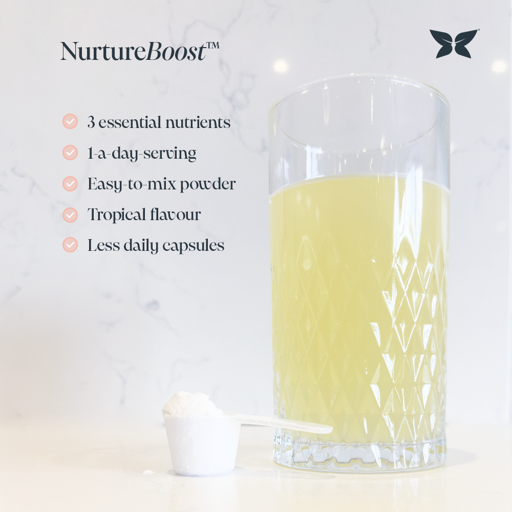 An infographic titled 'NurtureBoost' with a glass containing pale yellow liquid and a scoop with white powder and the following text: Three essential nutrients, 1-a-day serving, easy-to-mix powder, tropical flavour, less daily capsules. 