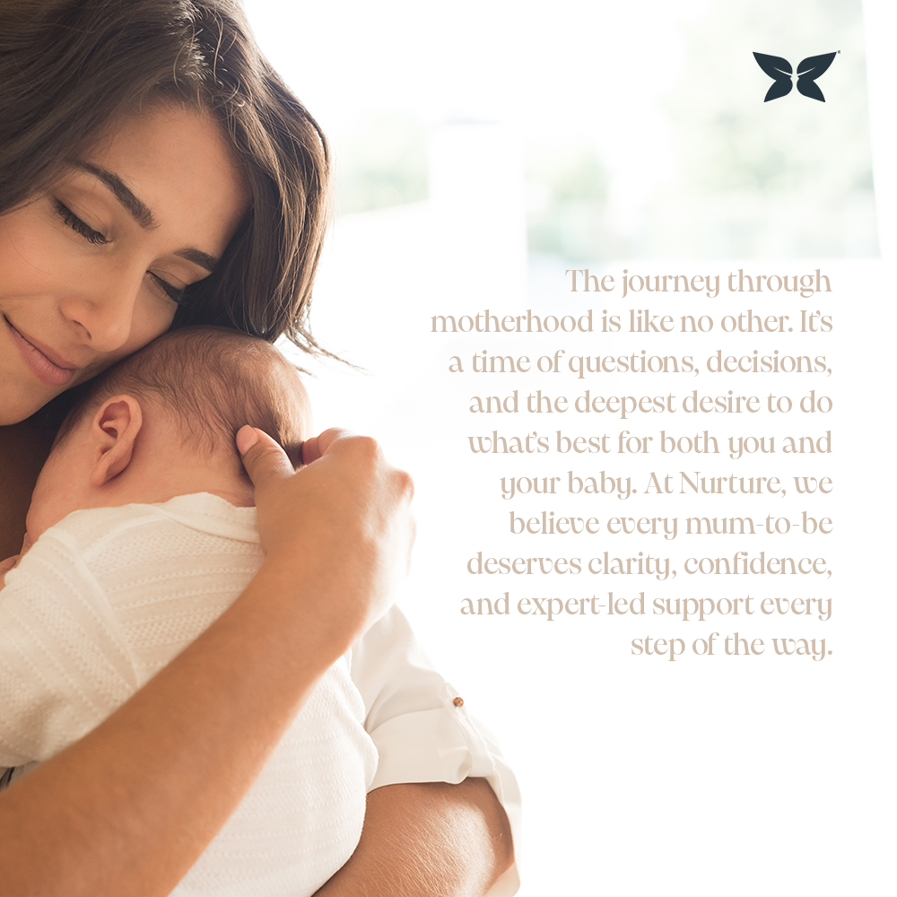 Lady cuddling a newborn baby on a bright white background with butterfly branding. Including the quote "the journey through mother is like no other, It's a time of decisions and the deepest desire to do what is best for you and your baby"