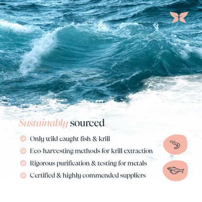 Infographic titled 'sustainably sourced' with an image of the ocean. Benefits highlighted: Only wild caught fish & krill, eco-harvesting, purification and certified suppliers. 