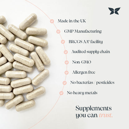 Flat lay of beige supplement capsules next to a quality assurance checklist, highlighting that the supplements are made in the UK, GMP manufactured, BRCGS AA* certified, from an audited supply chain, non-GMO, allergen-free, and free from bacteria, pesticides, and heavy metals. Text reads: "Supplements you can trust."