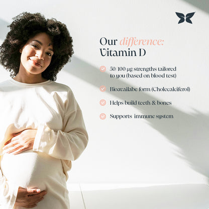 Infographic titled 'our difference Vitamin D' with an image of pregnant lady with curly hair cradling her bump. Highlights include: 50/100ug strengths, bioavailable form, helps build teeth & bones, supports immune system. 