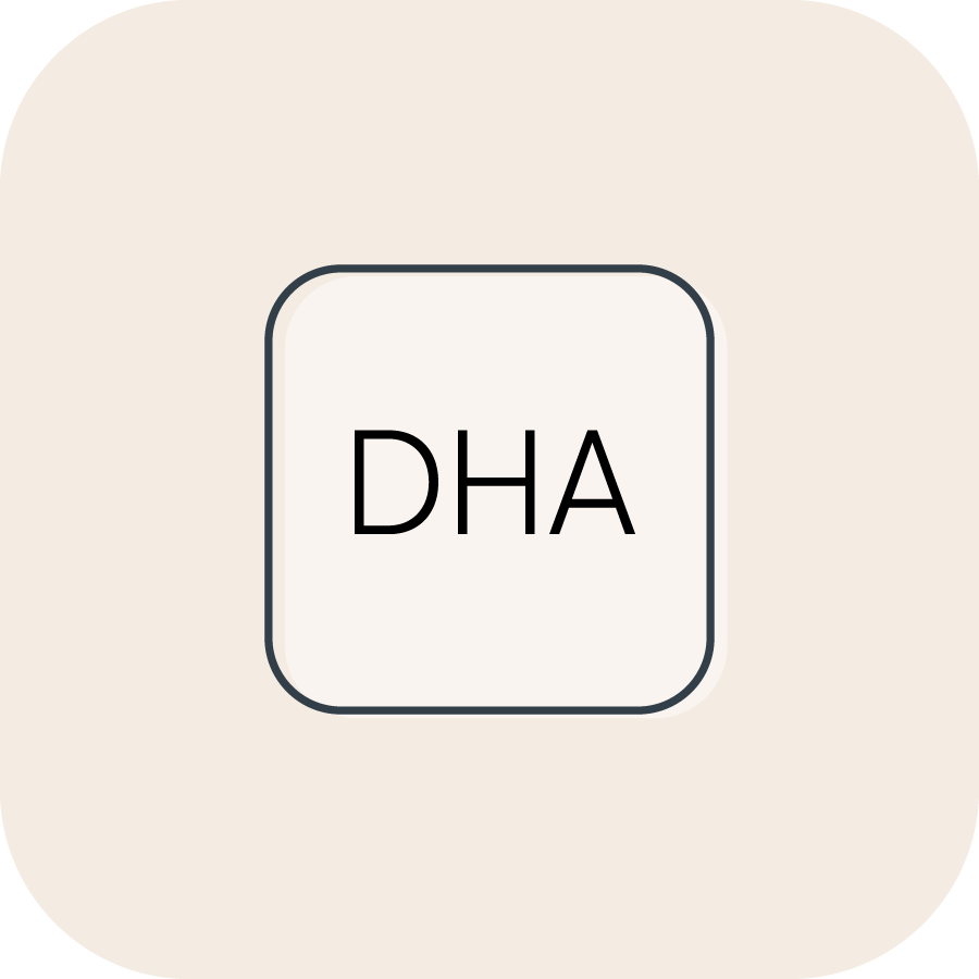 Decorative icon, the letters DHA encapsulated in a white box with a black border on a cream background. 