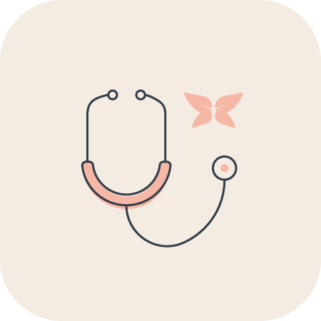 Decorative icon of a stethoscope with a pink butterfly, Nurture branding. 