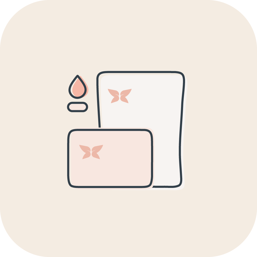 Decorative icon, two rectangles of varying sizes all with a pink butterfly branding, representing the Nurture range. 