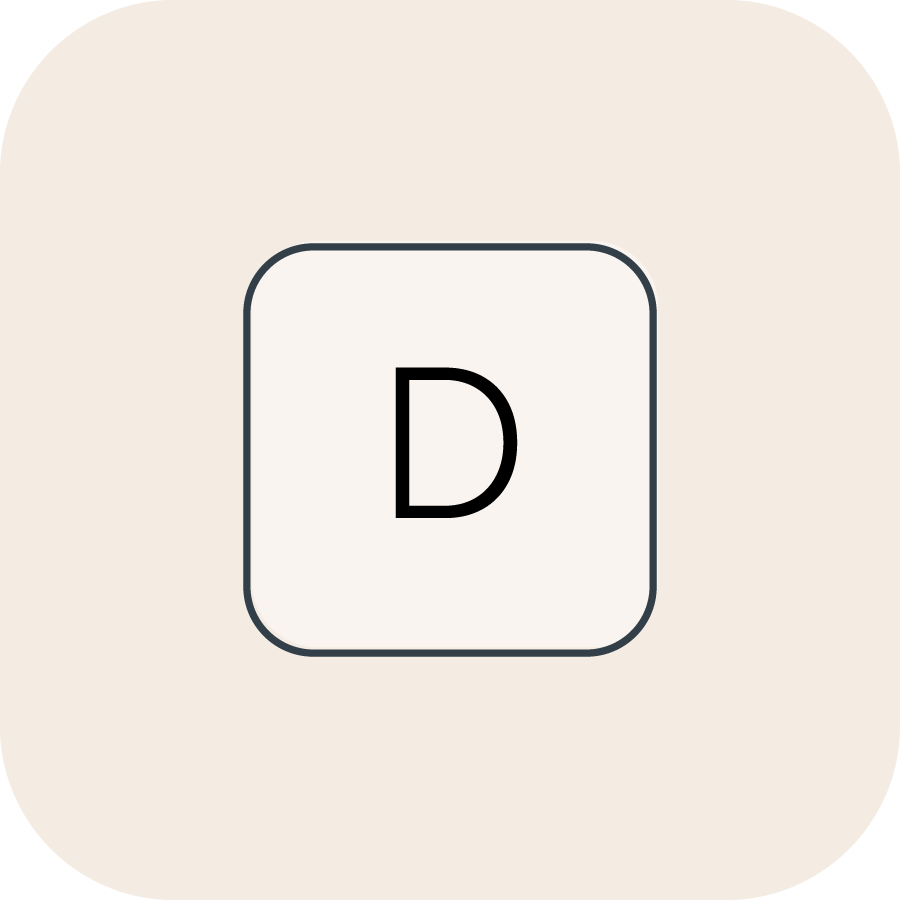 Decorative icon, the letter D encapsulated in a white box with a black border on a cream background. 