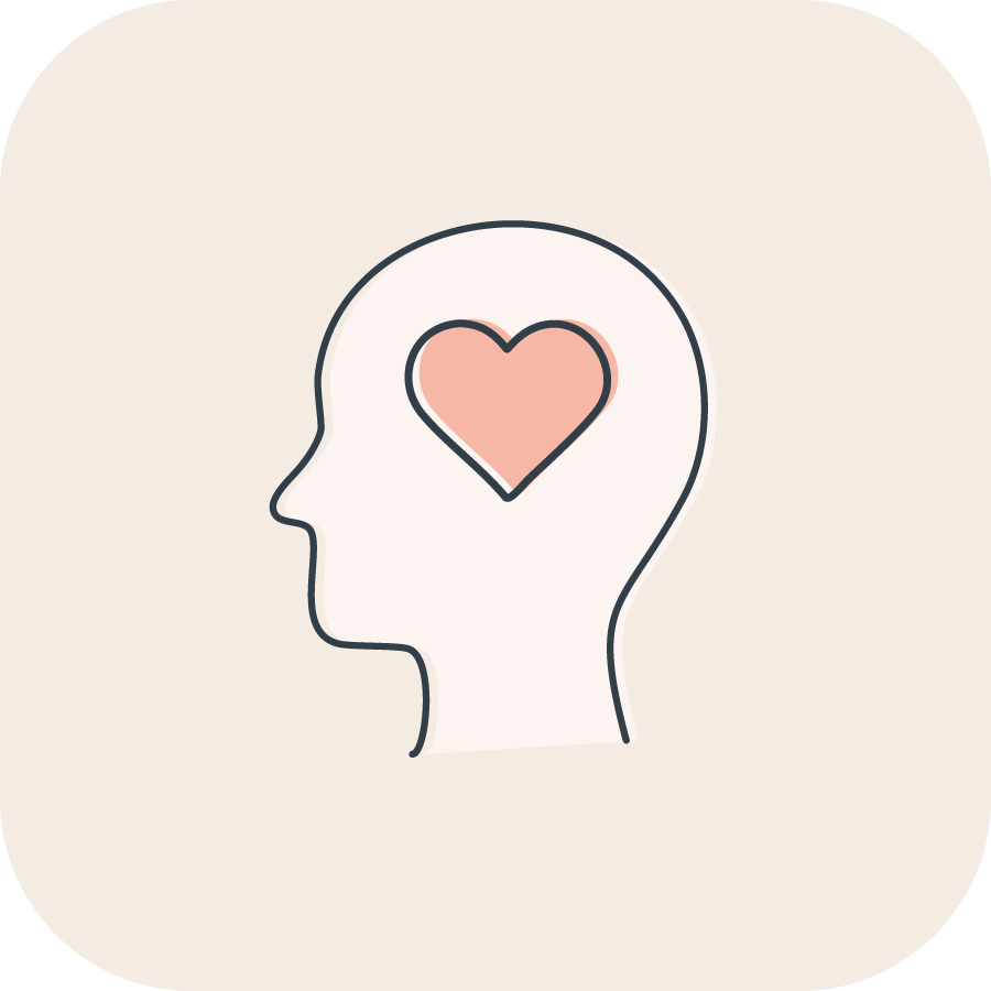 Decorative icon, simple line design of the side profile of a face with a pink heart where the brain would be located. 