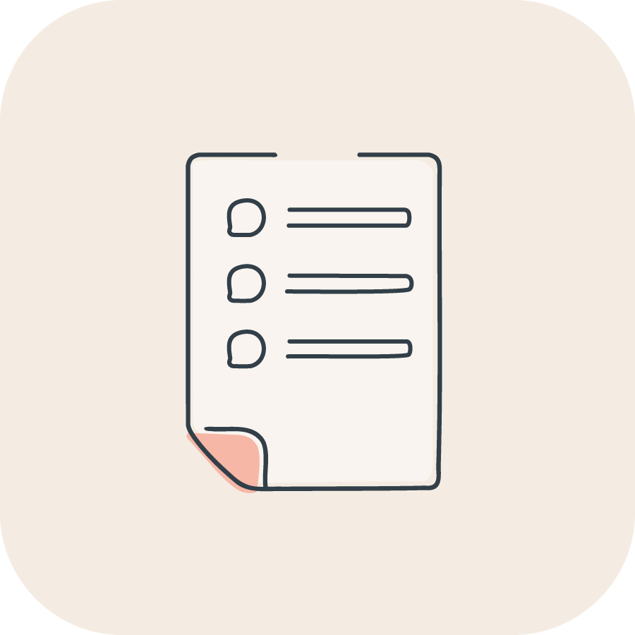 Decorative icon, a piece of paper with lines and boxes representing a questionnaire. 