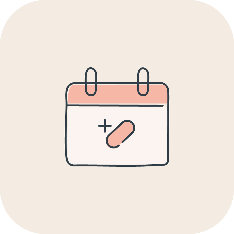 Decorative icon of a pink and white calendar with a + and capsule symbols. 