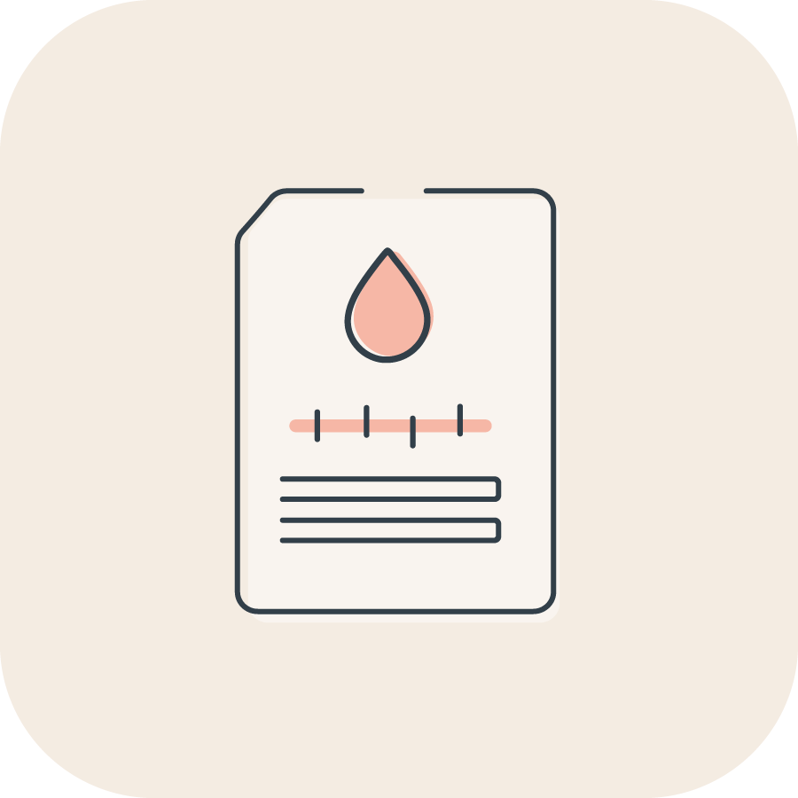 Decorative icon of a white rectangle with a pink blood drop and a simple link graph indicating results. 